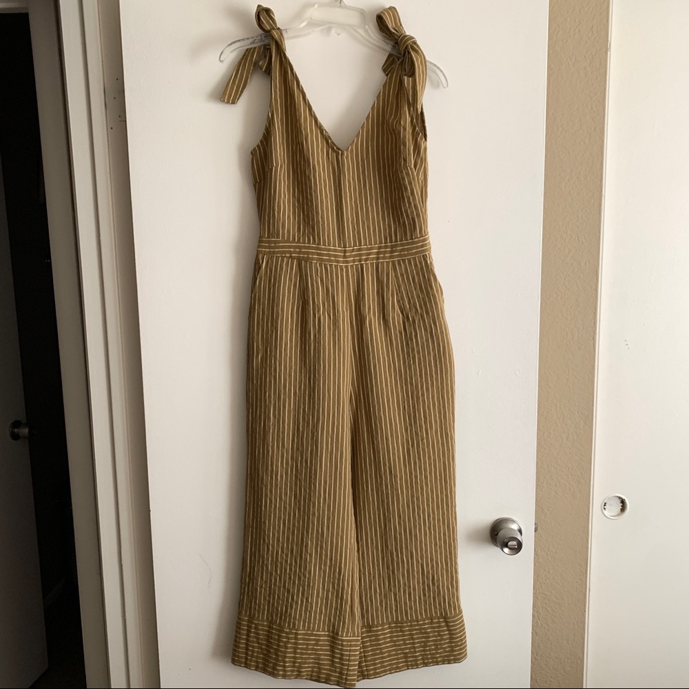 FRNCH Paris olive green striped jumpsuit with bow sleeve details - medium